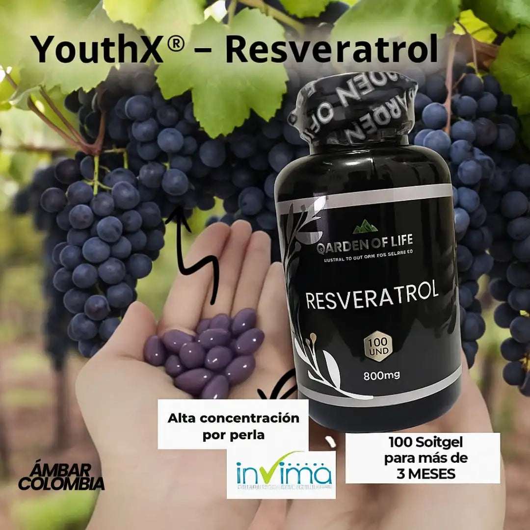 YouthX® – Resveratrol Antiedad con Registro INVIMA Luce más joven, protege tu corazón y fortalece tu cuerpo desde adentro.