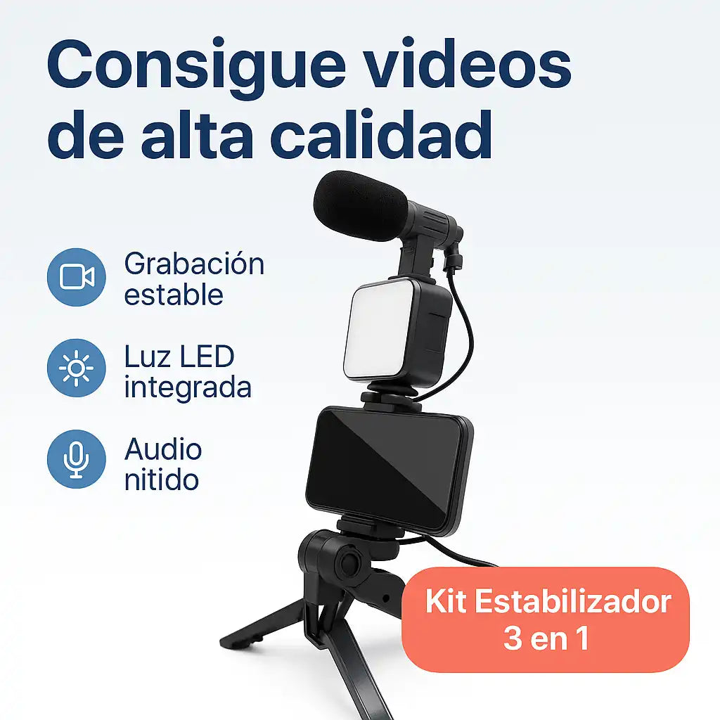 CreatePro® Kit Estabilizador de celular 3 en 1: Luz, Audio y Estabilidad para tus Videos