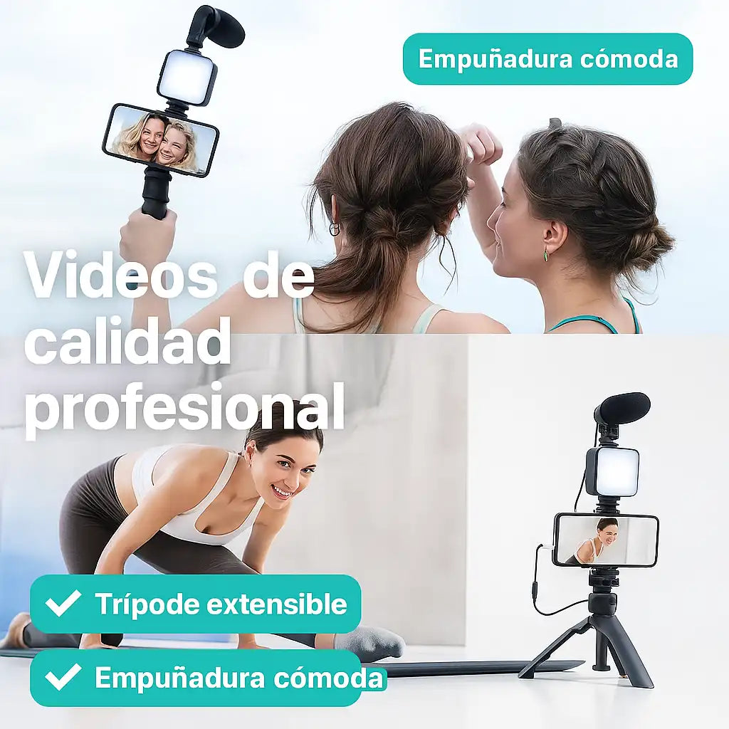 CreatePro® Kit Estabilizador de celular 3 en 1: Luz, Audio y Estabilidad para tus Videos